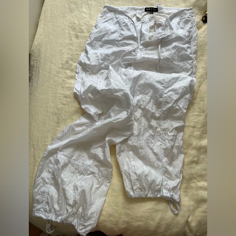 Motel rocks white cargo pants, size small sheer, light weight